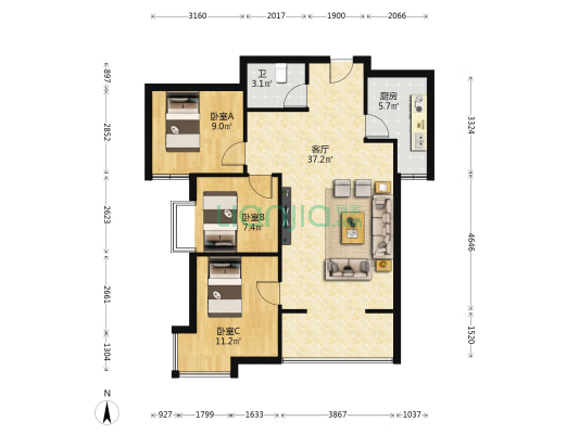 金城•天华 3室1厅1卫 99平方