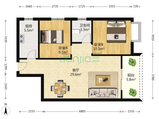 友谊国际沙湖苑 2室1厅1卫 80平方