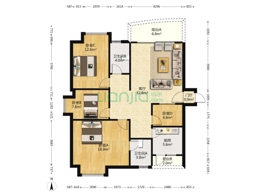 南峰聚富家园 4室1厅2卫 128平方