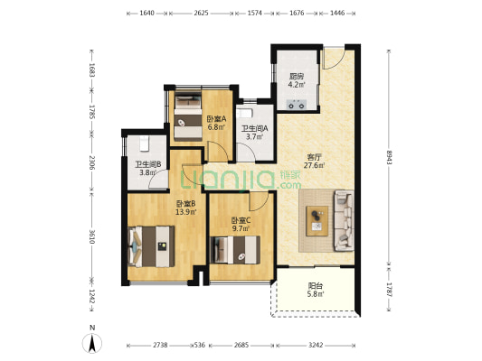 鹏瑞·华发四季尚璟 3室1厅2卫 92平方