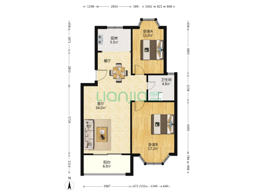 海岸景苑 2室1厅1卫 92平方