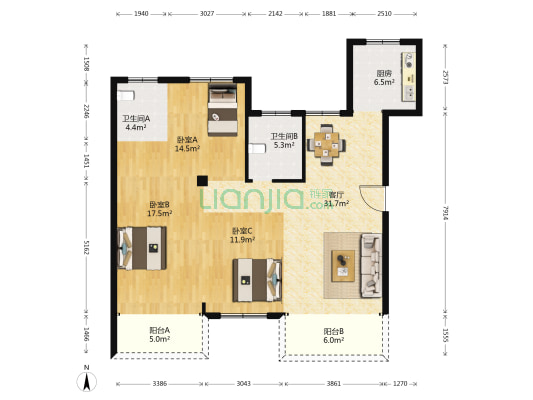 江景湾 3室1厅2卫 126平方