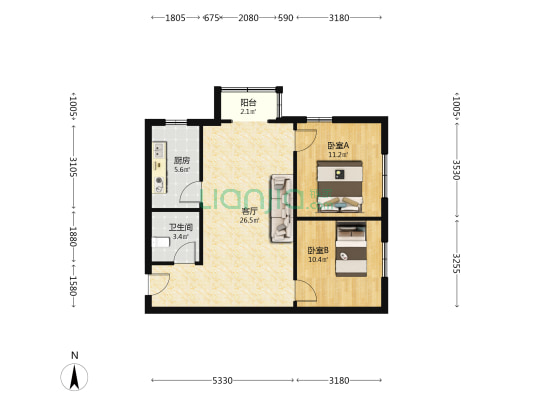 房本满五唯一 精装修 两居室 看房随时-户型图