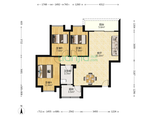新时速嘉园 3室1厅1卫 85平方