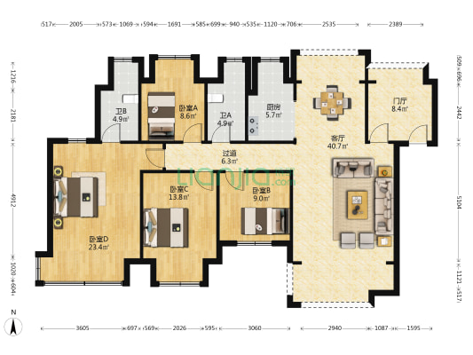 红海上饶府 4室1厅2卫 144平方