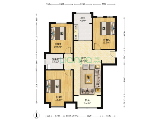 绿地中央广场四区 3室1厅1卫 113平方