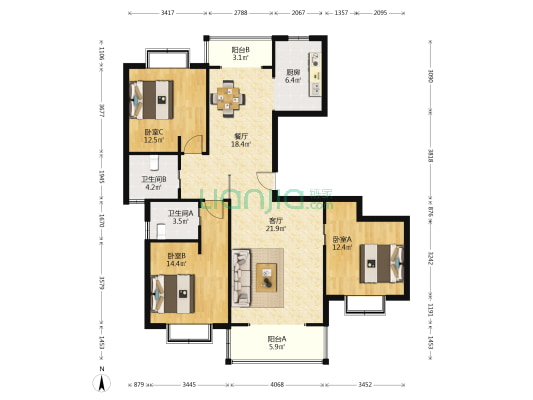 合虹公寓 3室2厅2卫 134平方