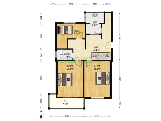 通榆新村二区 3室1厅1卫 84平方