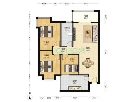 川空家园 3室1厅1卫 106平方