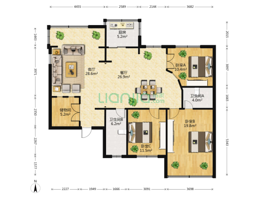 云南省环境科学研究院 3室2厅2卫 127平方