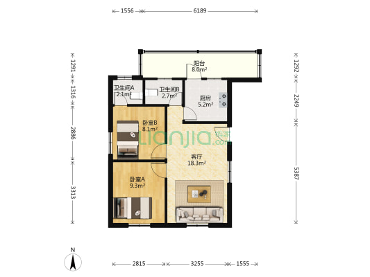 粤宝新一村 2室1厅2卫 69平方
