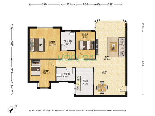 银星花园 3室1厅2卫 108平方