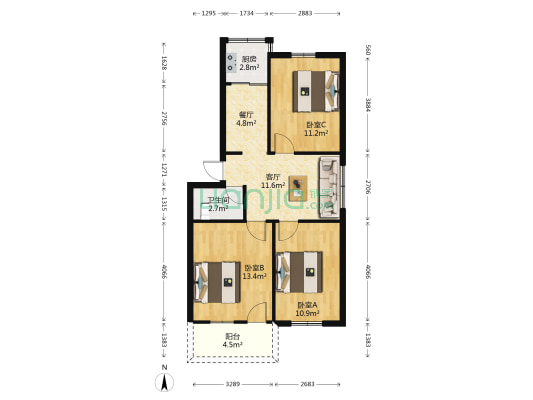省监狱管理局宿舍（大王里63-2号） 3室2厅1卫 84平方