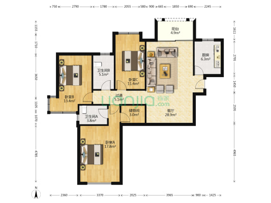 丰金檀珑湾 3室1厅2卫 134平方