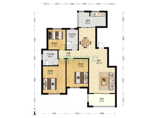 乾南嘉苑二区 3室1厅2卫 120平方