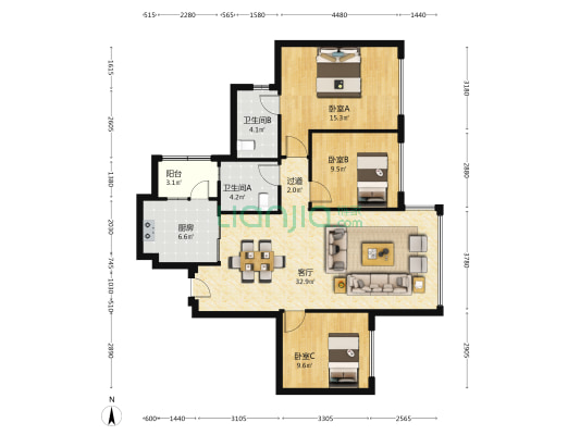 龙湖光年光屿原著 3室1厅2卫 112平方