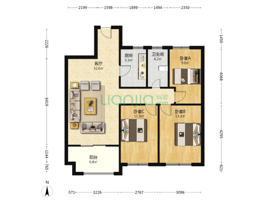 瑞景国际花园 3室1厅1卫 109平方
