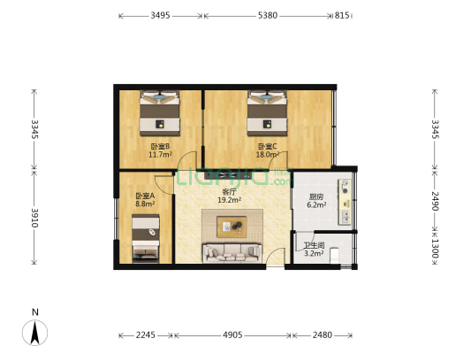 半边街64号院 3室1厅1卫 72平方