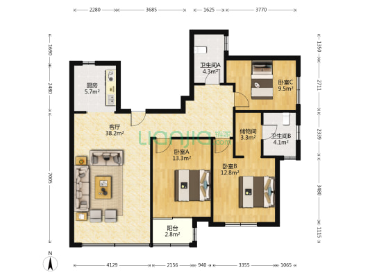 高新绿城玉兰花园 3室1厅2卫 140平方