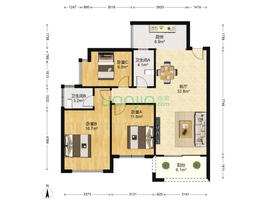 金源一品 3室1厅2卫 96平方