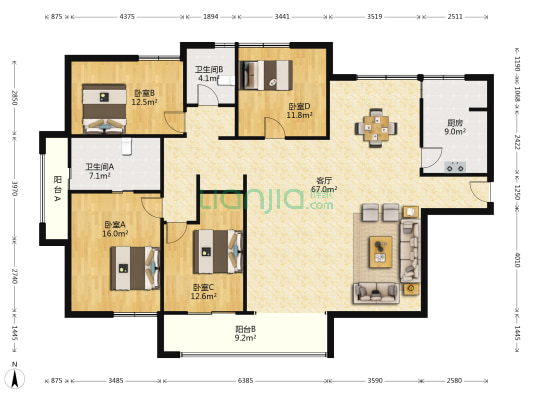 中兴公寓 4室1厅2卫 198平方
