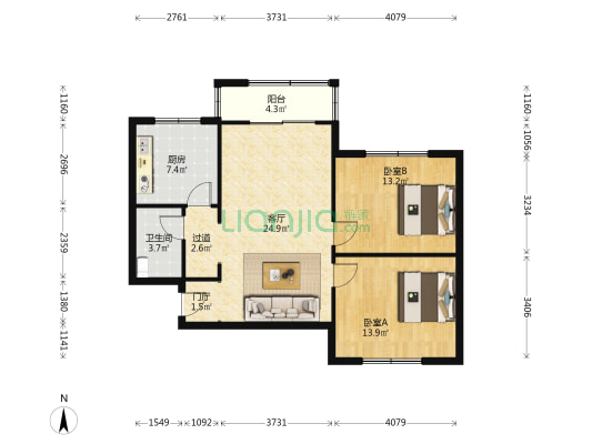 谷香园 2室1厅1卫 94平方