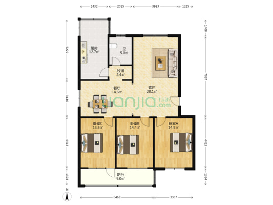 建行2号院 3室2厅1卫 128平方