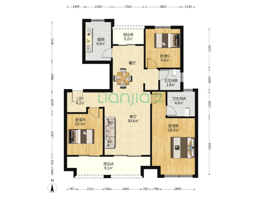 东部美的城一期 3室1厅2卫 116平方