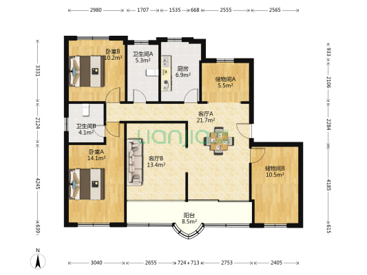 江南新城北区 2室2厅2卫 126平方