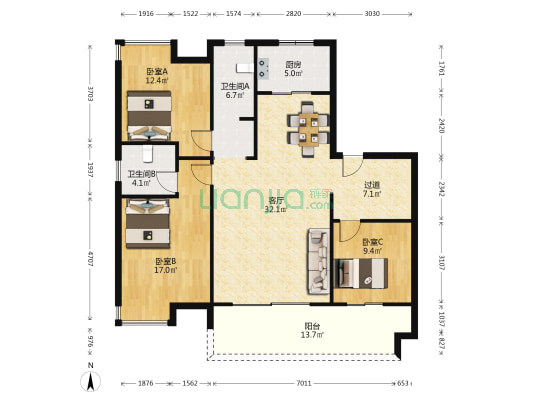 帝景·绿岸阳光 3室1厅2卫 128平方