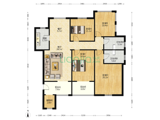 阳光花墅 4室2厅2卫 132平方