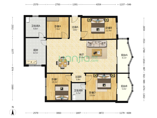 城南 4室1厅2卫 137平方