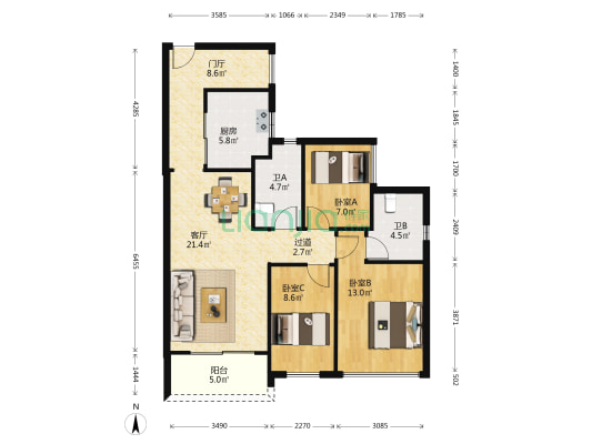 普君新城华府2期 3室1厅2卫 100平方