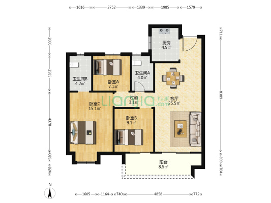 新希望锦粼九里二期 3室1厅2卫 107平方