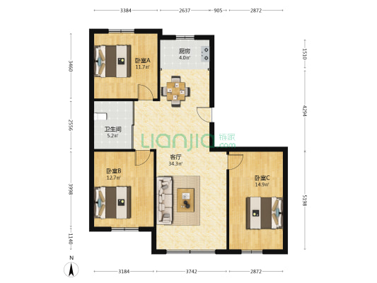 双泽 润和园 3室1厅1卫 115平方