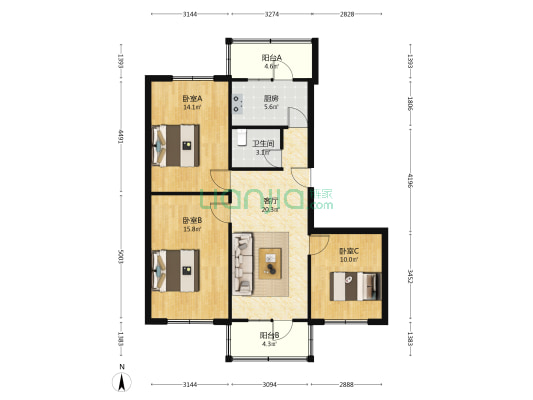 向阳北小区 3室1厅1卫 103平方
