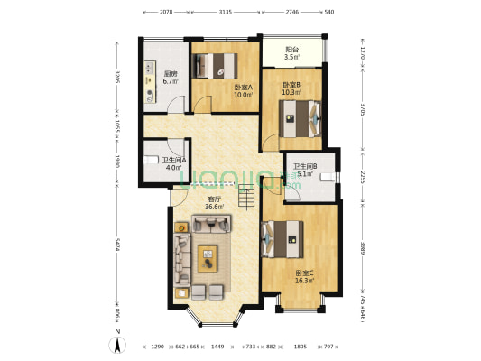 都市风景 3室1厅2卫 108平方