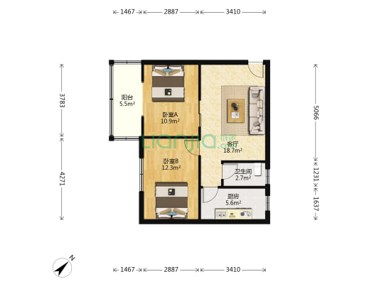 大弯南路51号院 2室1厅1卫 66平方