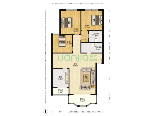 银杏苑二区 3室1厅2卫 136平方