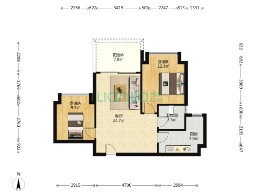 敏捷珺玥花园 2室1厅1卫 78平方