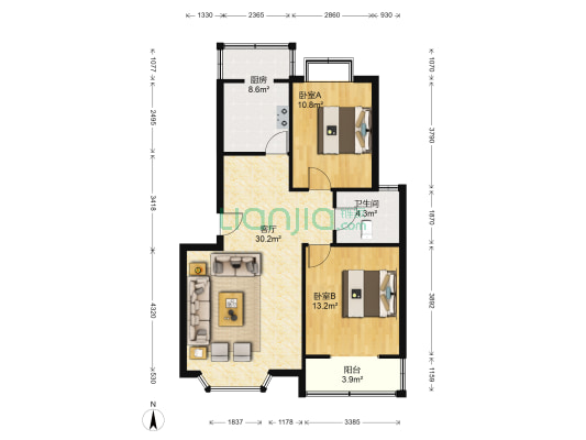 恋日家园F区 2室1厅1卫 88平方