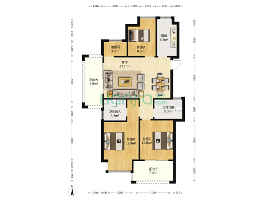 翰林府 3室1厅2卫 125平方