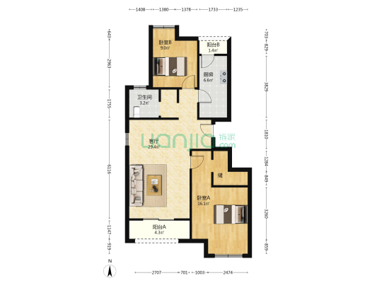 中铁逸都1期 2室1厅1卫 91平方