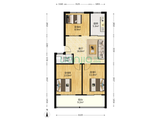 桃源居小区 3室1厅1卫 83平方