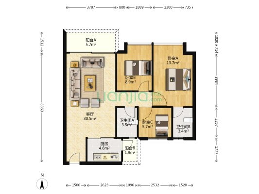 金田花园 3室1厅2卫 92平方