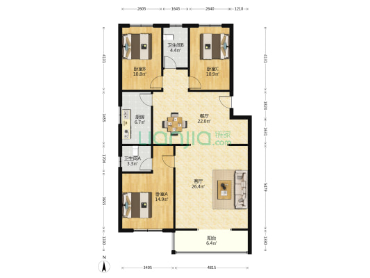 文教小区 3室2厅2卫 131平方