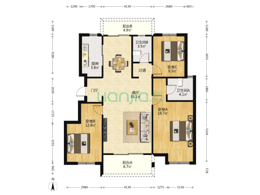 阳光100阿尔勒星空洋房 3室1厅2卫 128平方