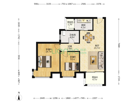 尚观嘉园一期 2室1厅1卫 80平方