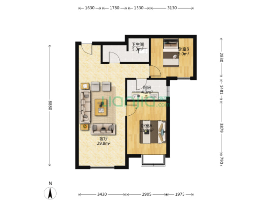 北京界 三利中和城 全阳2居 满二 随时看 急急急-户型图