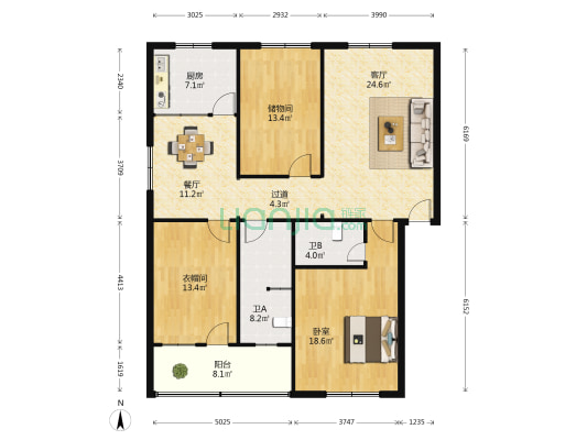 四通湖滨小区 1室2厅2卫 139平方